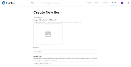 create new item di opensea