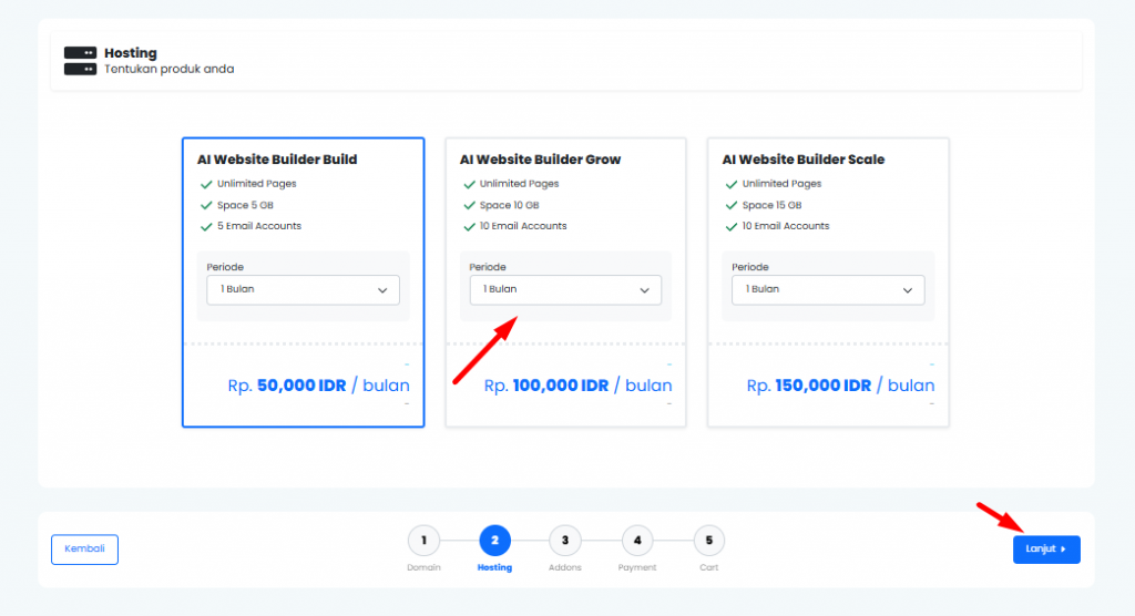 Tentukan paket AI Website builder dan periodenya
