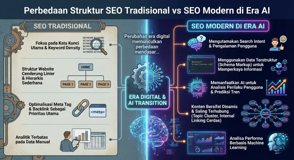 Perbedaan Struktur SEO Tradisional vs SEO Modern di Era AI
