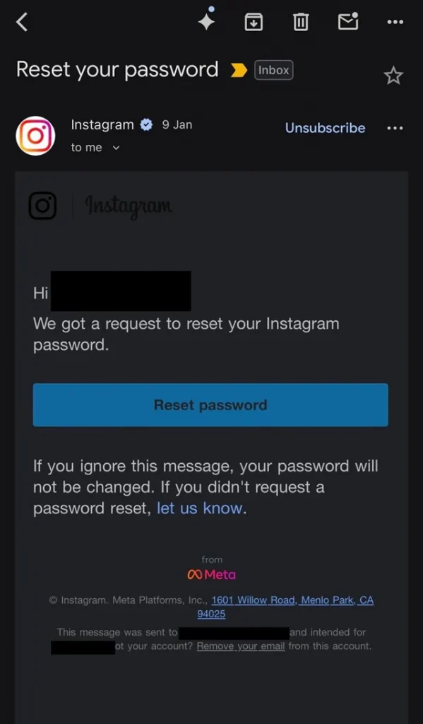 isi email reset password instagram