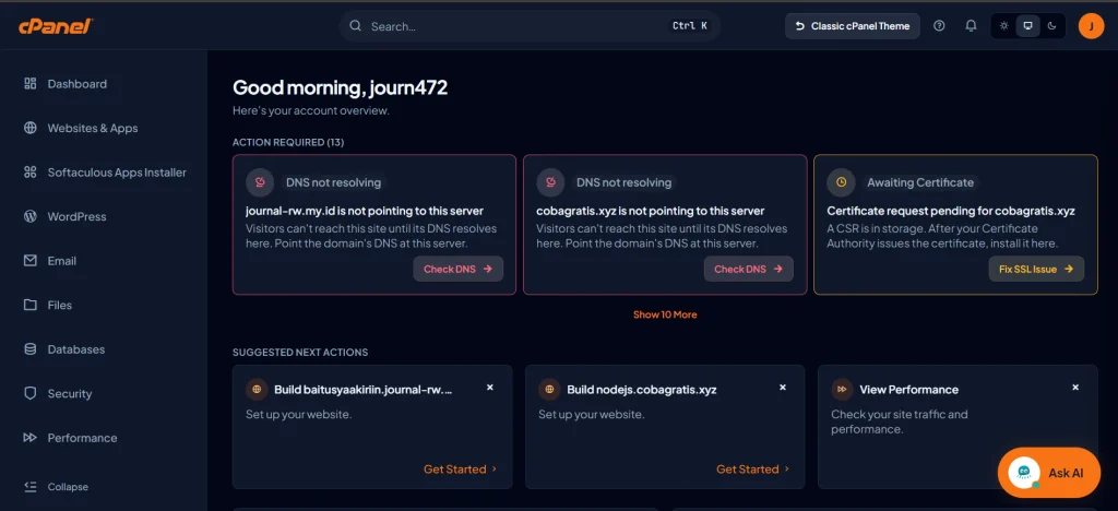 tampilan theme meridian cpanel